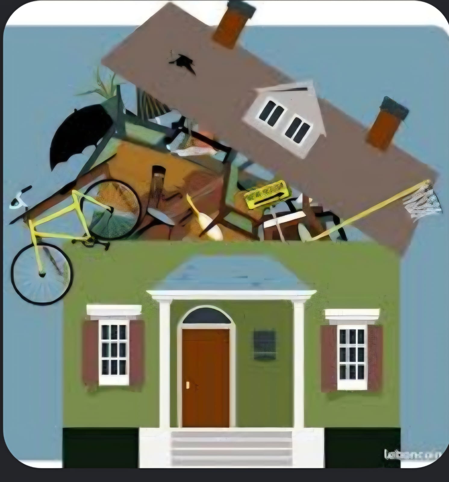 Illustration d'une maison remplie d'objets à débarrasser